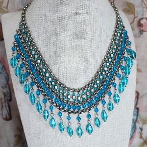 Aquamarine Light Blue Aqua Color Glass Bohemian Vintage Silver Tone Bib Necklace